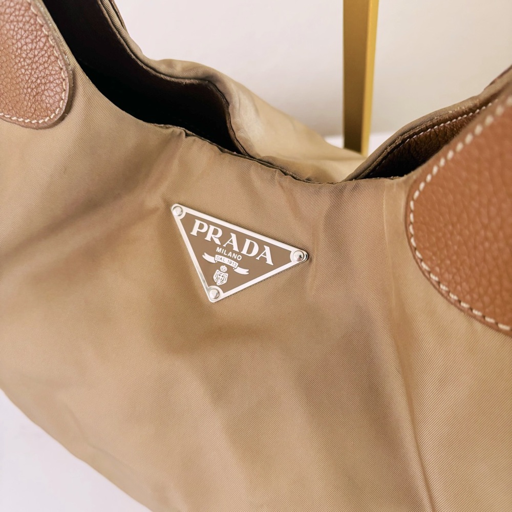 Prada Half Moon Hobo Bag Jumbo Logo Brown Tan Leather Nylon‎ Designer Luxury COA - Picture 3 of 15